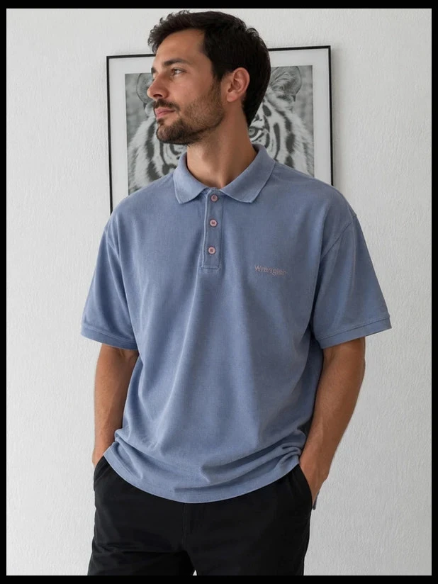 Polo de manga corta azul cielo Wrangler de punto piqué de algodón para hombre XL – photo 11